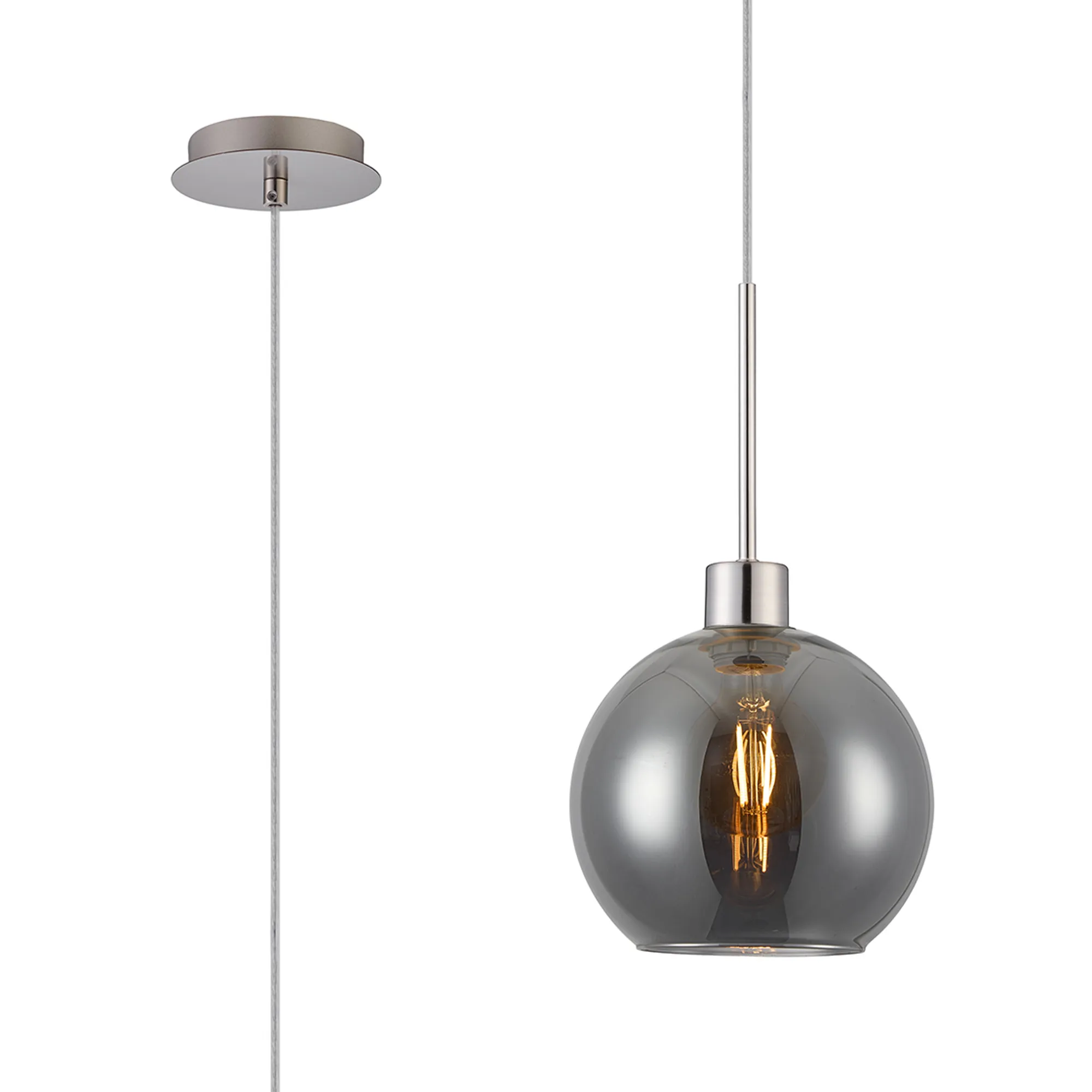 DK1356  Lori 1.7m Single Pendant, 1 Light Adjustable E27, Satin Nickel/Smoke Open Mouth Round Globe Shades